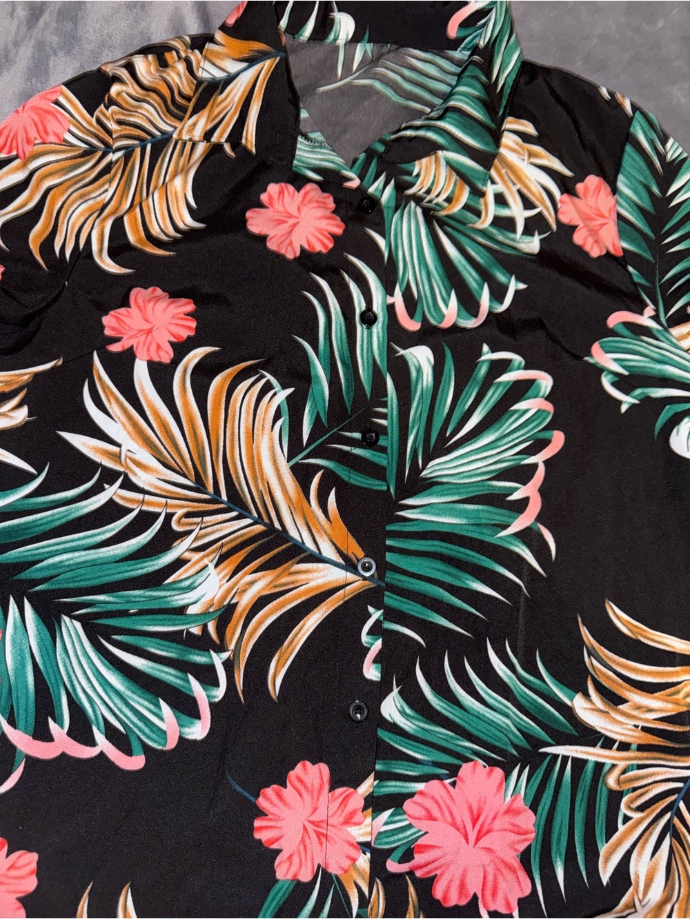 SHEIN Black Tropical Floral Button-Up with Coral Hibiscus Large